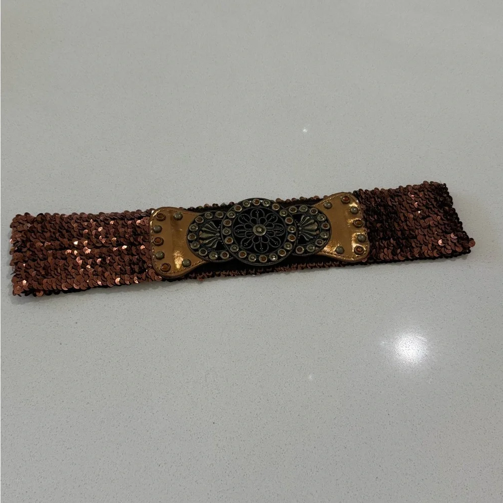Y2K Bronze Copper Belt Stretchy Jeweled Sequin Womens S/M‎